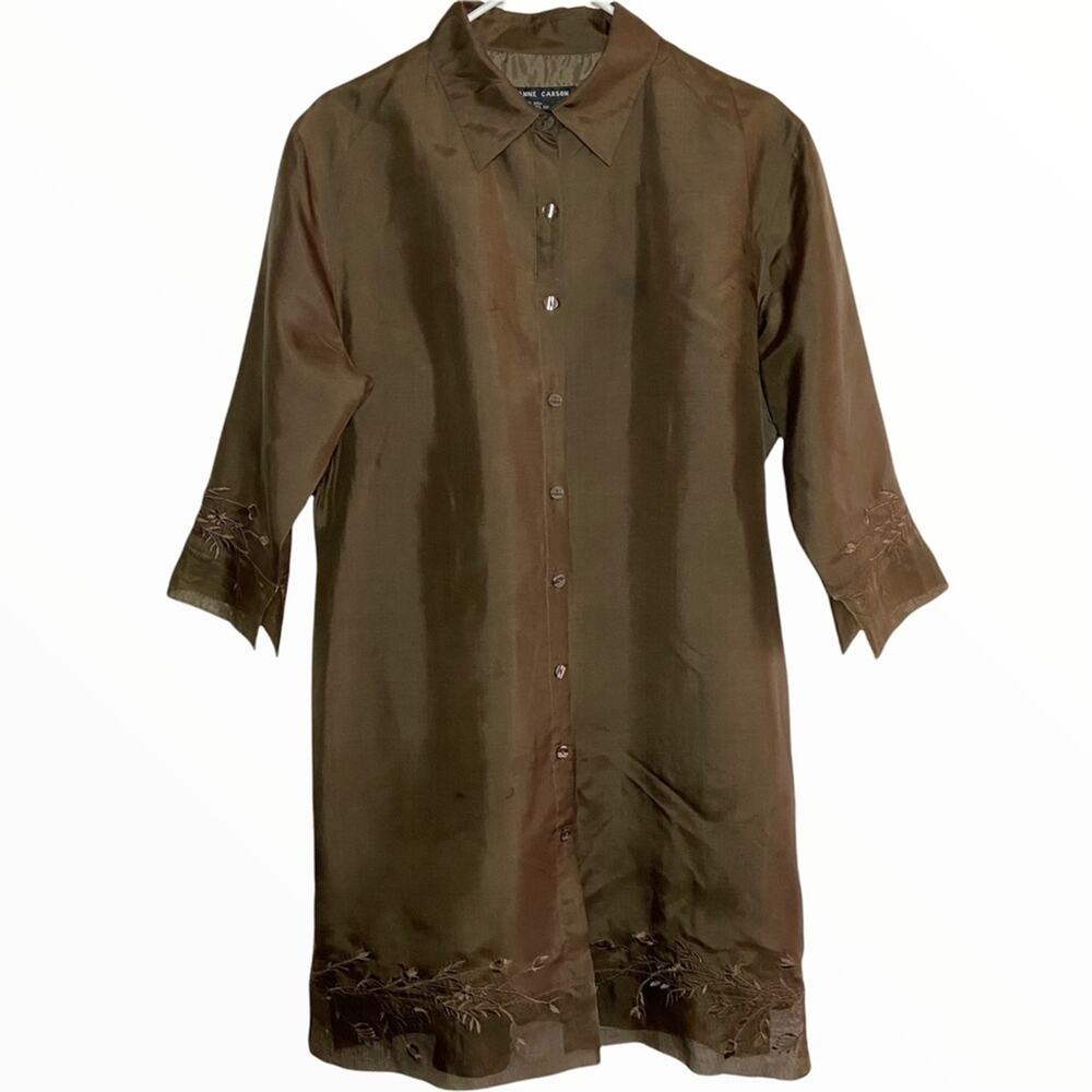 Vintage Anne Carson 100% Silk Shirt Dress Button Up Mesh Floral Embroidered L
